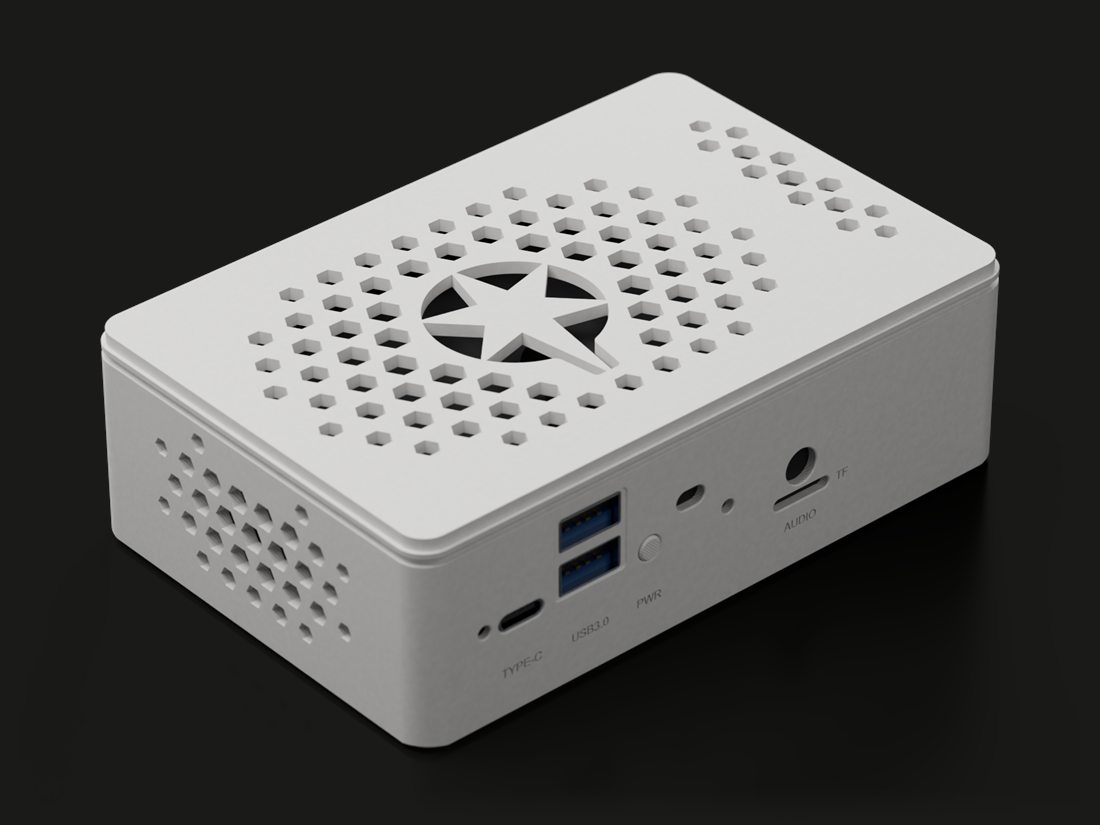 White ANCLA One ‘Prometheus’ on a dark background, showing the cut-out star and front USB-C, USB 3.0, power, audio and card connections.