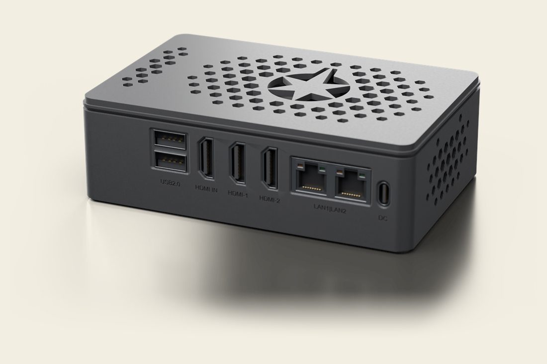 Rear view of a black ANCLA One ‘Prometheus’: two USB 2.0 ports, one HDMI input, two HDMI outputs, two network ports and power.