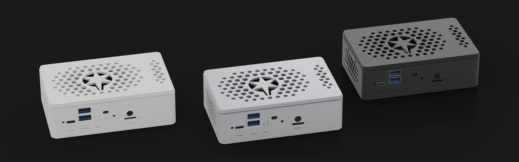 Three ANCLA One units together: one white, one silver and one black, each with the ANCLA star cut into the lid.